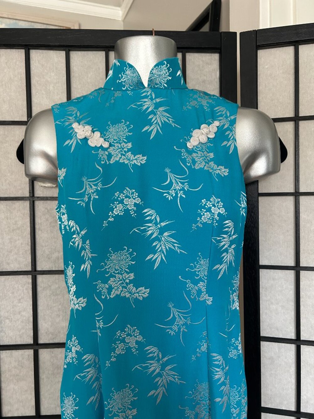 Y2K Floral Cheongsam Dress (XS) blue vintage maxi white glam evening party chic - Picture 7 of 8
